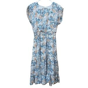 June & Hudson Blue Orange & Cream Cap Sleeve Midi Lined Floral‎ Ruffled Dress M